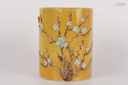 YELLOW GLAZING FLOWERS BRUSH POT WITH CARVING PLUMS