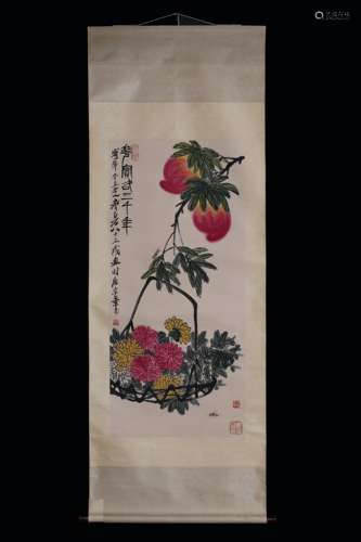 QI BAISHI: INK AND COLOR ON PAPER PAINTING 'FLOWERS AND PEAC...