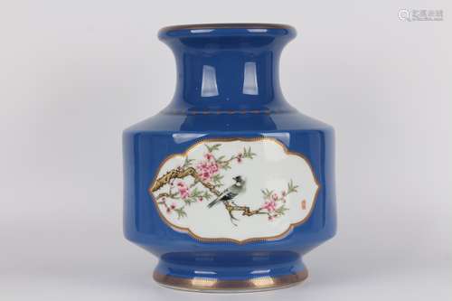 BLUE GLAZING OPEN MEDALLION FAMILLE ROSE BIRDS FLOWERS VASE