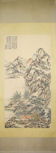 WU ZHENG: INK AND COLOR ON PAPER PAINTING 'LANDSCAPE SCENERY...