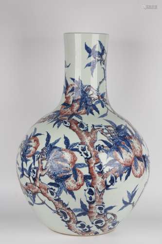 BLUE WHITE AND RED GLAZING PEACHES BOTTLE VASE