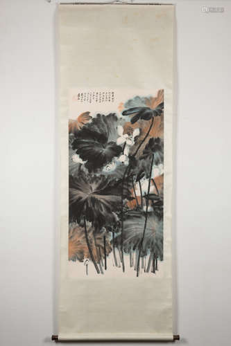 ZHANG DAQIAN: INK AND COLOR ON PAPER PAINTING 'LOTUS FLOWERS...