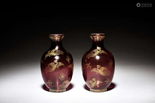 PAIR OF GILT PURPLE GLASS 'PHOENIX' VASES