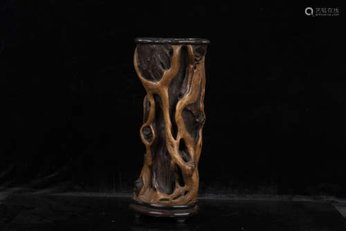 WOOD CARVED NATURALISTIC BRUSH POT