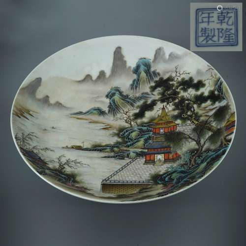 A FAMILLE ROSE LANDSCAPE PAVILION PORCELAIN PLATE