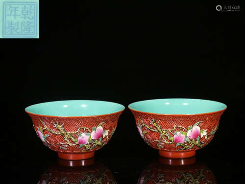 PAIR OF FAMILLE ROSE AND CARVED 'PEACHES' BOWLS