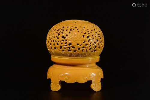 YELLOW GLAZED AND OPENWORK CARVED INCENSE BURNER