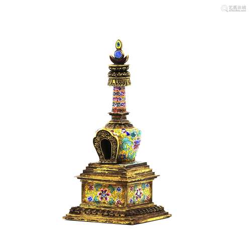 A GILD BRONZE CLOISONNE ENAMEL PAGODA ORNAMENT