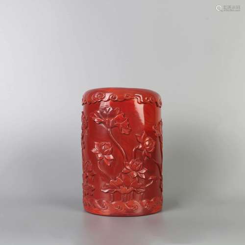 A LOTUS PATTERN SOUTH RED AGATE BRUSH POT