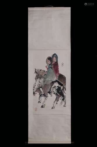 CHENG SHIFA: INK AND COLOR ON PAPER PAINTING 'LADIES ON HORS...