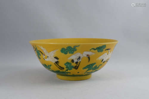 A Crane Drawing in Yellow Glazed Porcelain Bowl