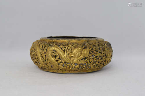 A Gilt Bronze Hollow Carved Dragon Ring
