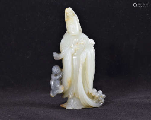 A White and Black Jade GuanYin with Child Figure