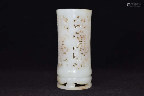 A White Jade Hollow Carved Bat & Shou Brush Pot