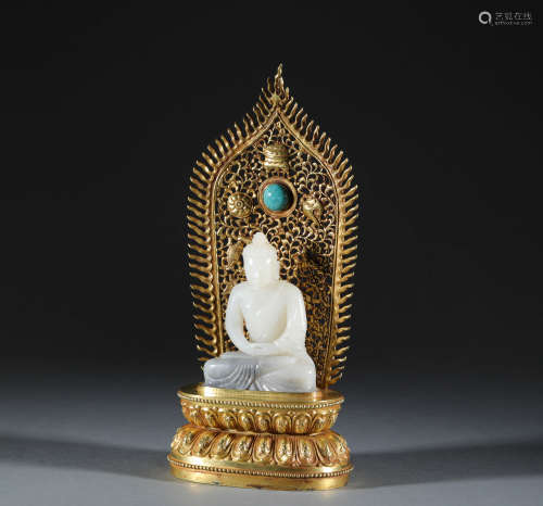 Hetian jade buddism sculpture with copper and gilding holder...