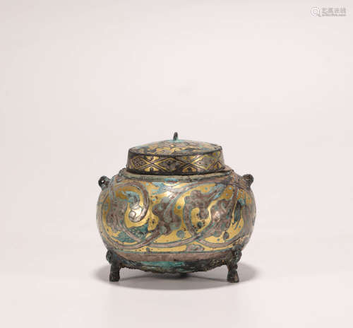 Copper and silvering and gold pot from Han漢代銅制錯金銀獸紋...