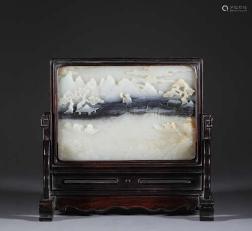 Hetian jade screen with landcaping painting from Qing清代和田...