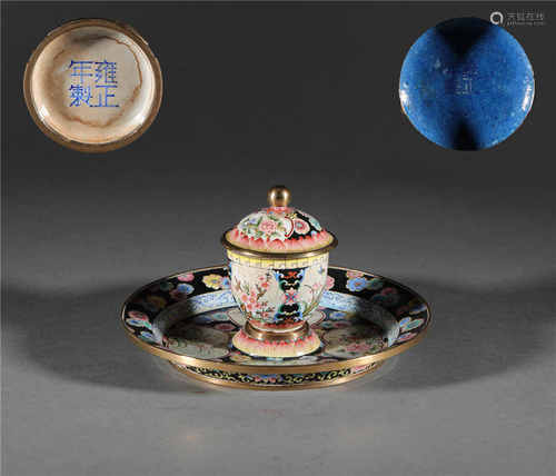 Enamel tea set from Qing清代畫琺琅花卉茶盞