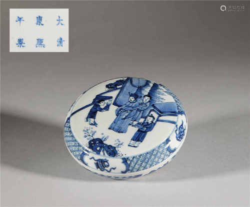 White and blue ceramic makeup container from Qing清代青花人物...
