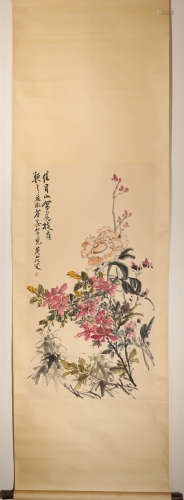 Flowers water ink vertical painting by Baohong Huang from an...