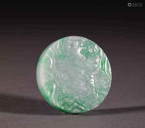 Green jade board with carved landscaping from Qing清代翡翠山...