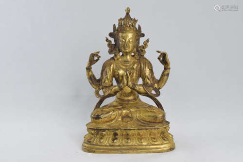 A Gilt Bronze Four Hands Avalokiteshvara Figure Statue