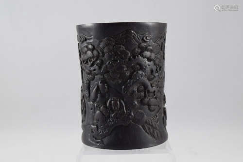 A Carved Wood Brush Pot