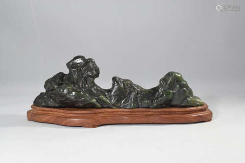 A Green Jade Stone Shape Pen Holder with Wood Stand