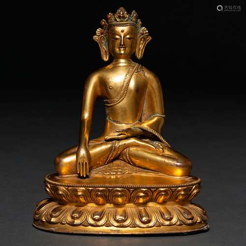 Buda Tibetano sobre flor de loto realizado en bronce dorado ...