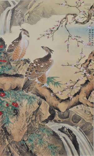 A Chinese Eagle Silk Painting, Jin Cheng Mark