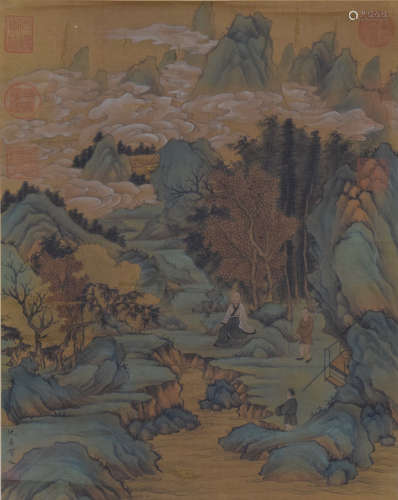 A Chinese Landscape & Character Silk Painting, Qiu Ying Mark