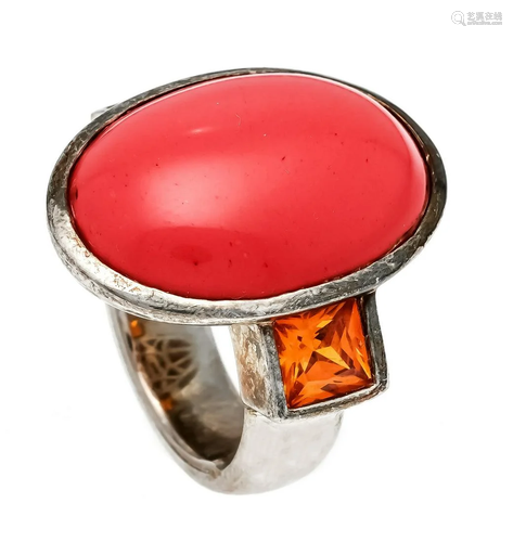 Coral gemstone ring silver with