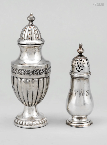 Two shakers, 1x German, silver