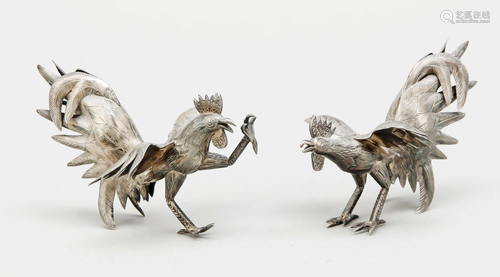 Two miniature fighting cocks,