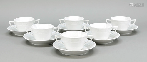 Six soup cups with saucers, KP