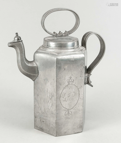 Ring jug made of pewter, dated