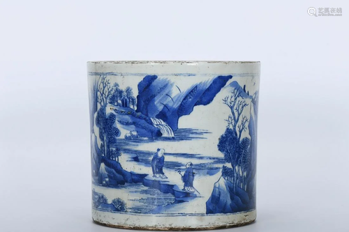 BLUE & WHITE 'LANDSCAPE' BRUSH POT