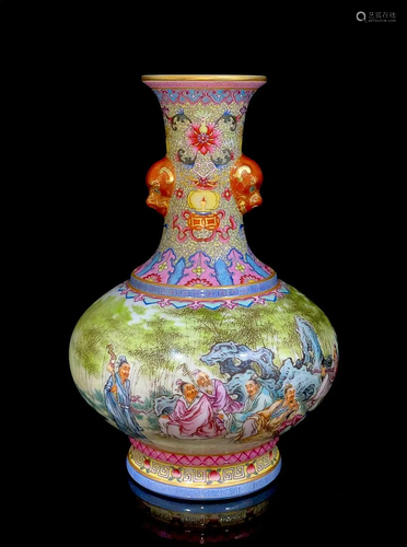 PAINTED 'FIGURE STORY' VASE WITH LION HANDLES