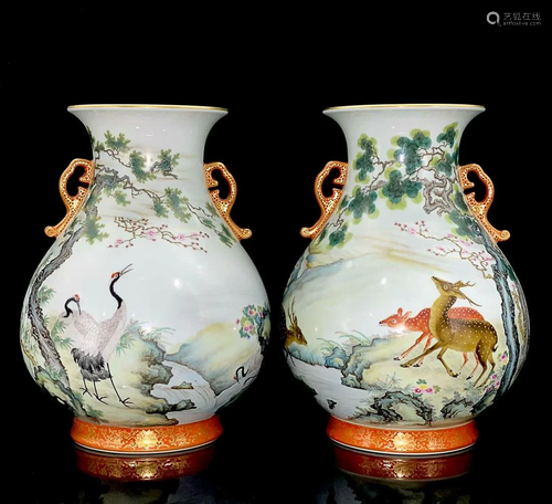 PAIR OF PAINTED 'DEER AND CRANE' ZUNS WITH HANDLES