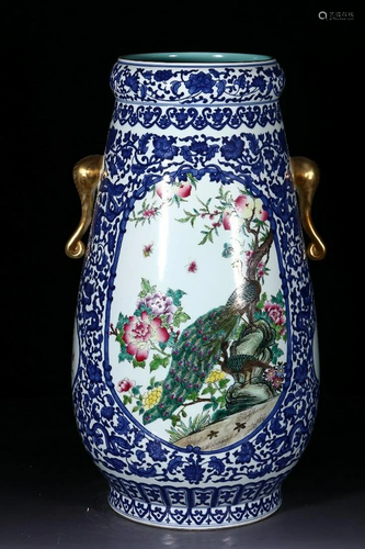 BLUE & WHITE AND PAINTED ENAMEL 'PEACOCK' ZUN WITH