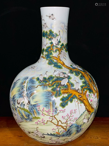 PAINTED 'HUNDRED CRANES' GLOBULAR VASE