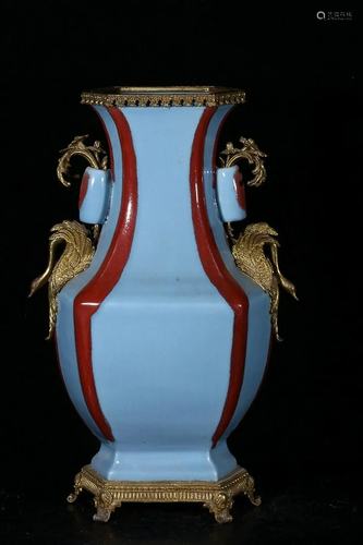 LIGHT BLUE GLAZED VASE WITH CRANE HANDLES