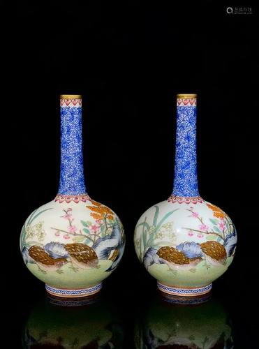 PAIR OF PAINTED 'QUAIL' VASES