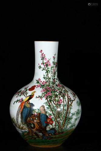 PAINTED ENAMEL 'BIRD AND FLORAL' GLOBULAR VASE