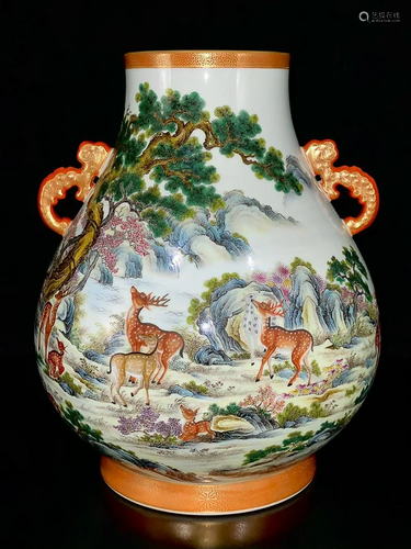 PAINTED 'DEER AND CRANE' ZUN WITH HANDLES