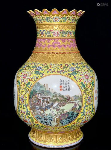 YELLOW GROUND 'LANDSCAPE' VASE