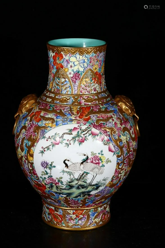 PAINTED ENAMEL 'CRANE AND FLORAL' GLOBULAR VASE WITH