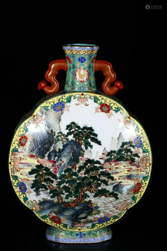 PAINTED ENAMEL 'LANDSCAPE' FLAT VASE