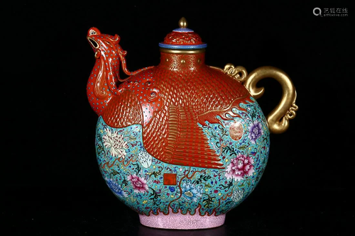 PAINTED ENAMEL 'FLORAL' EWER WITH PHOENIX FORM SPOUT