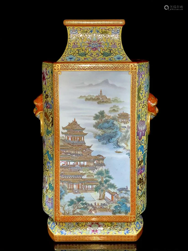 PAINTED 'LANDSCAPE' SQUARE VASE WITH LION HANDLES